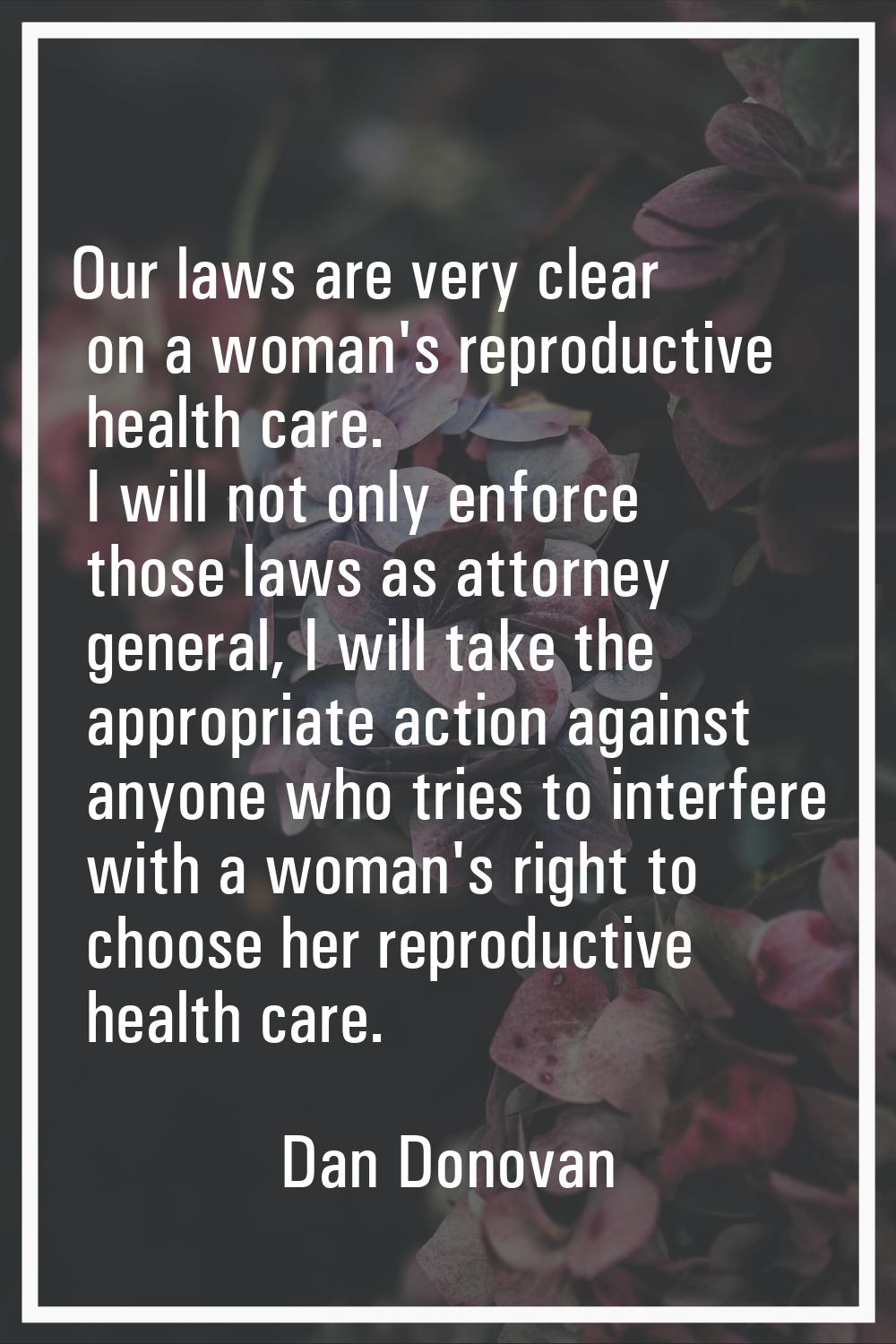 Our laws are very clear on a woman's reproductive health care. I will not only enforce those laws a
