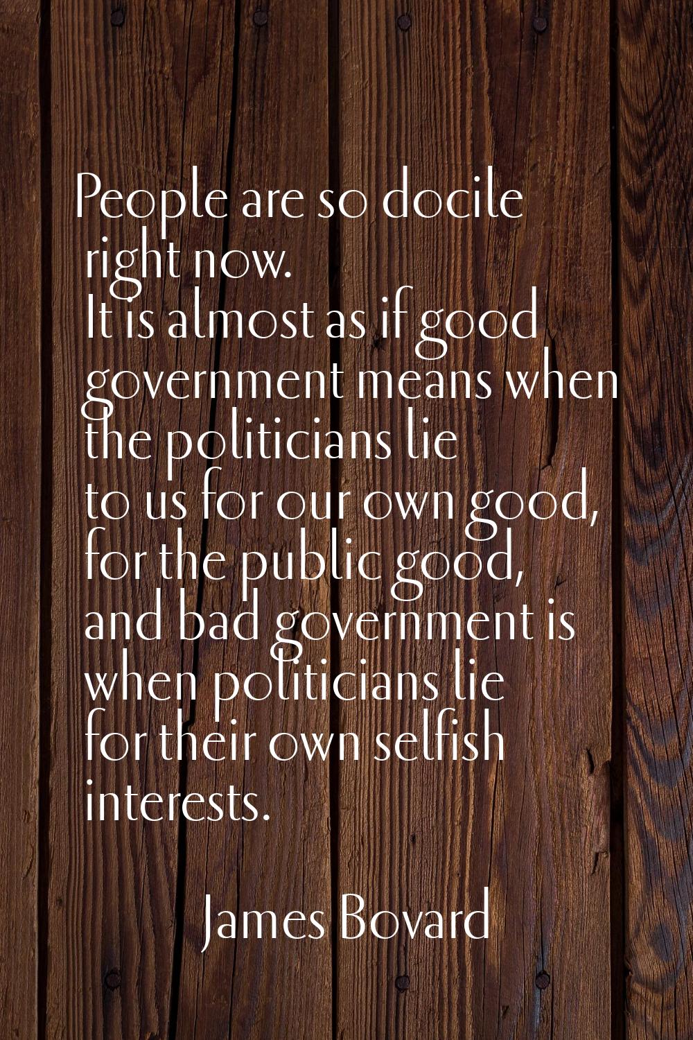 People are so docile right now. It is almost as if good government means when the politicians lie t