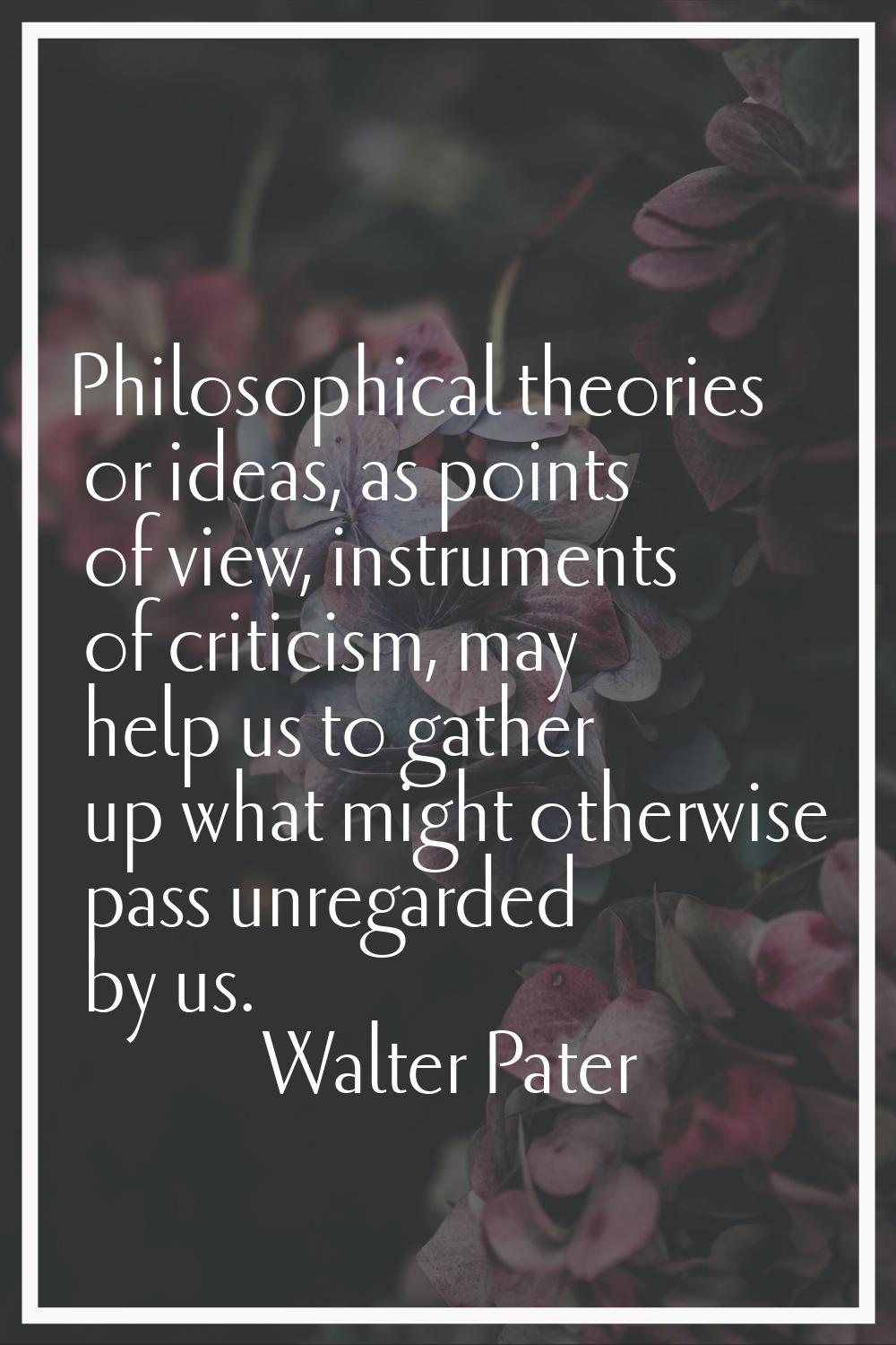 Philosophical theories or ideas, as points of view, instruments of criticism, may help us to gather