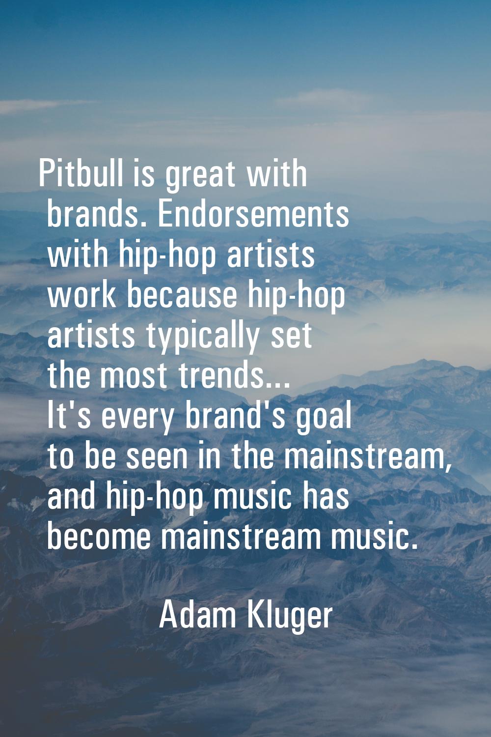 Pitbull is great with brands. Endorsements with hip-hop artists work because hip-hop artists typica