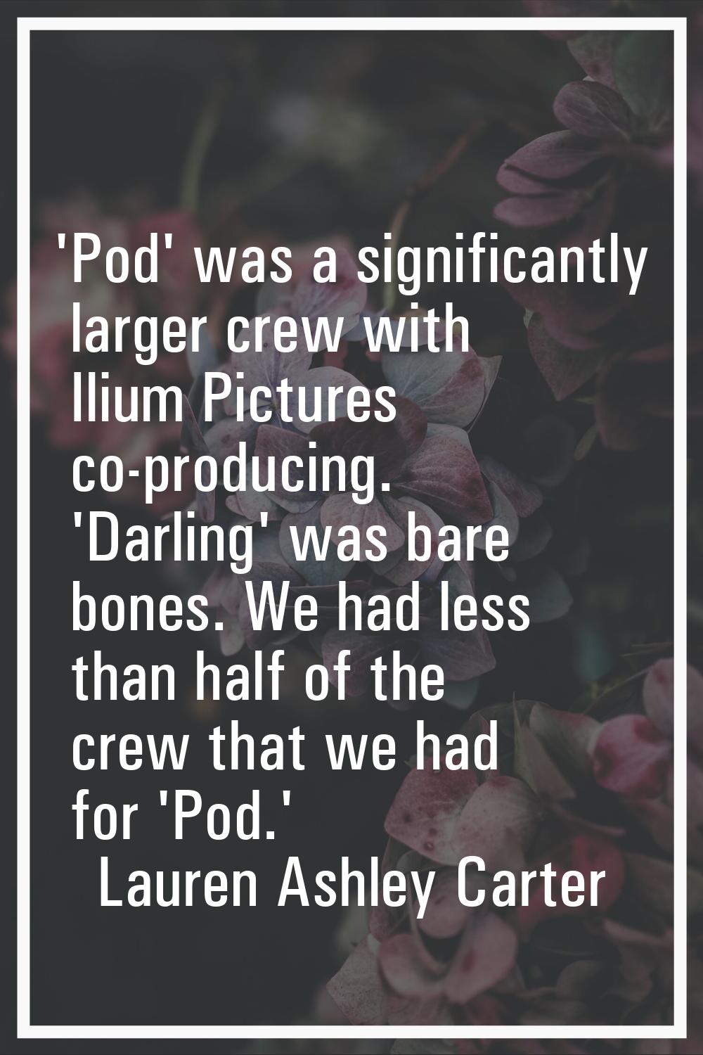 'Pod' was a significantly larger crew with Ilium Pictures co-producing. 'Darling' was bare bones. W