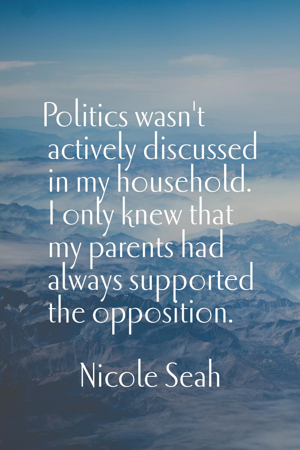 Politics wasn't actively discussed in my household. I only knew that my parents had always supporte