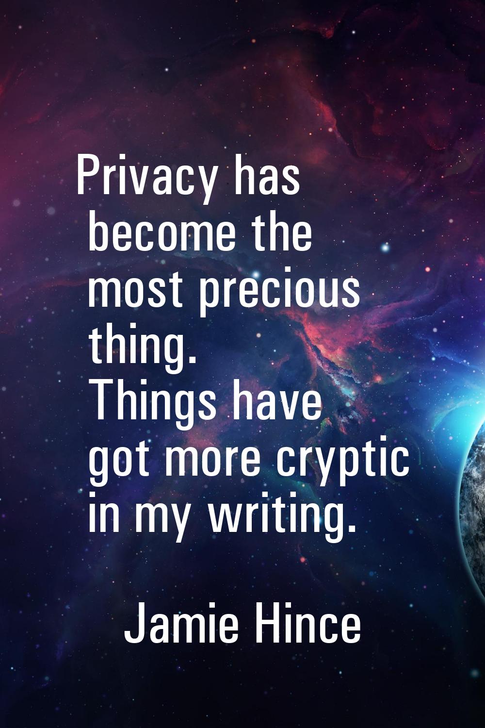 Privacy has become the most precious thing. Things have got more cryptic in my writing.