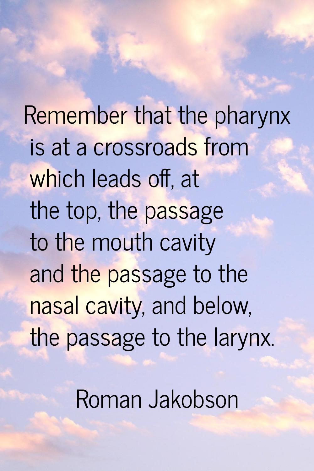 Remember that the pharynx is at a crossroads from which leads off, at the top, the passage to the m