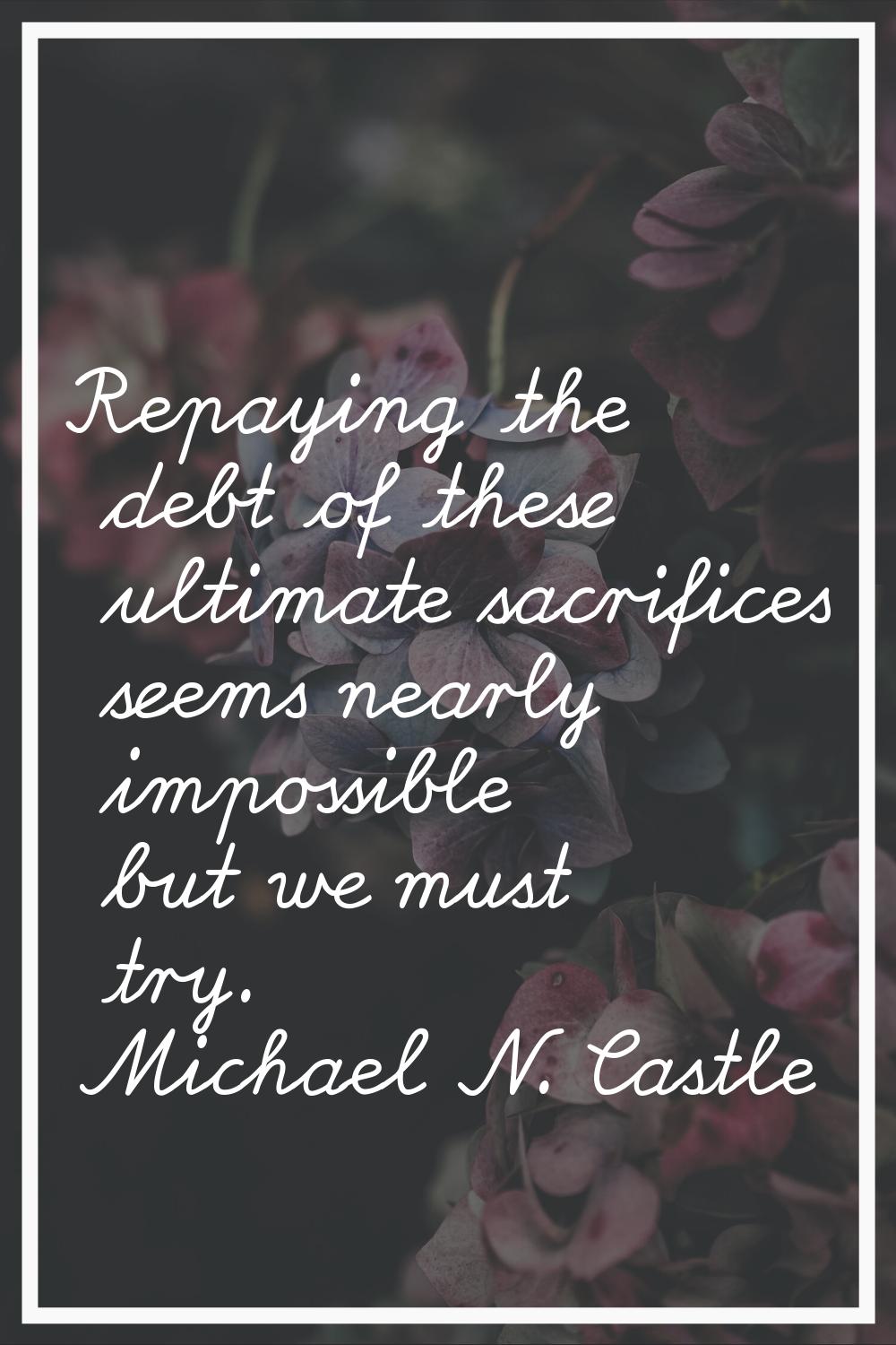 Repaying the debt of these ultimate sacrifices seems nearly impossible but we must try.