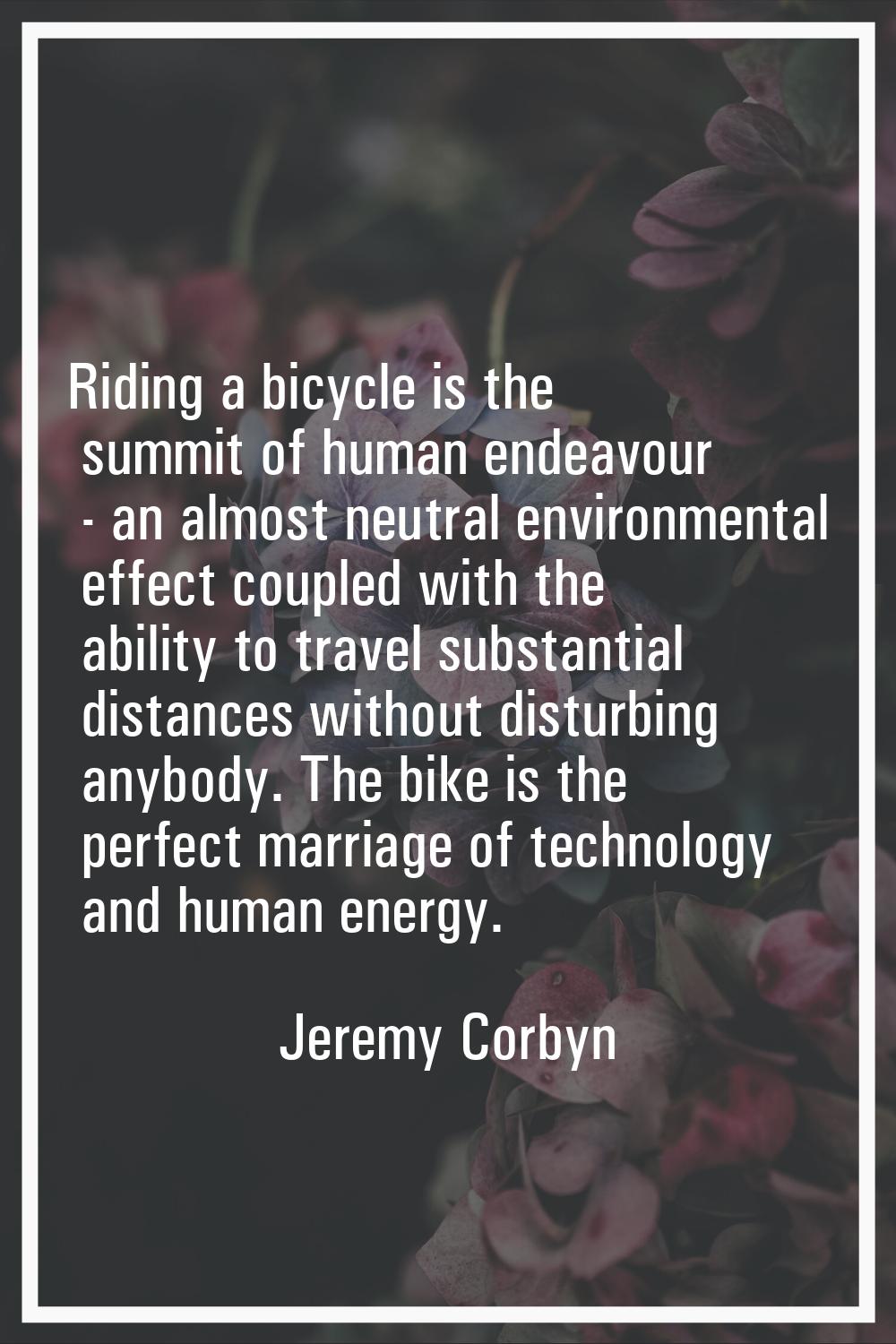 Riding a bicycle is the summit of human endeavour - an almost neutral environmental effect coupled 