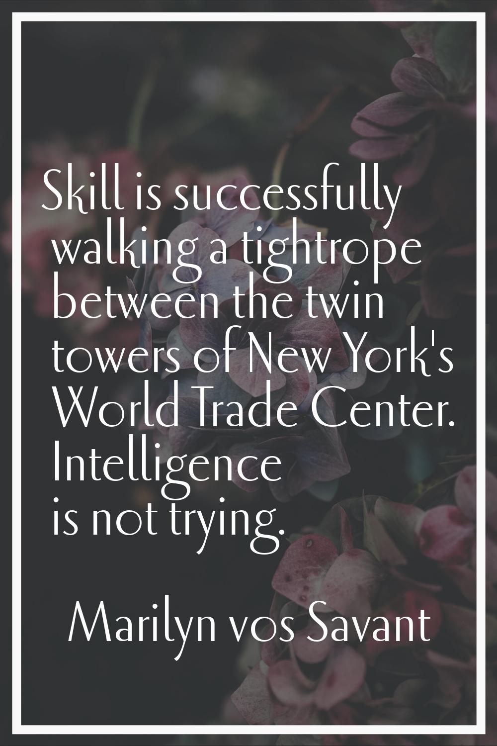 Skill is successfully walking a tightrope between the twin towers of New York's World Trade Center.