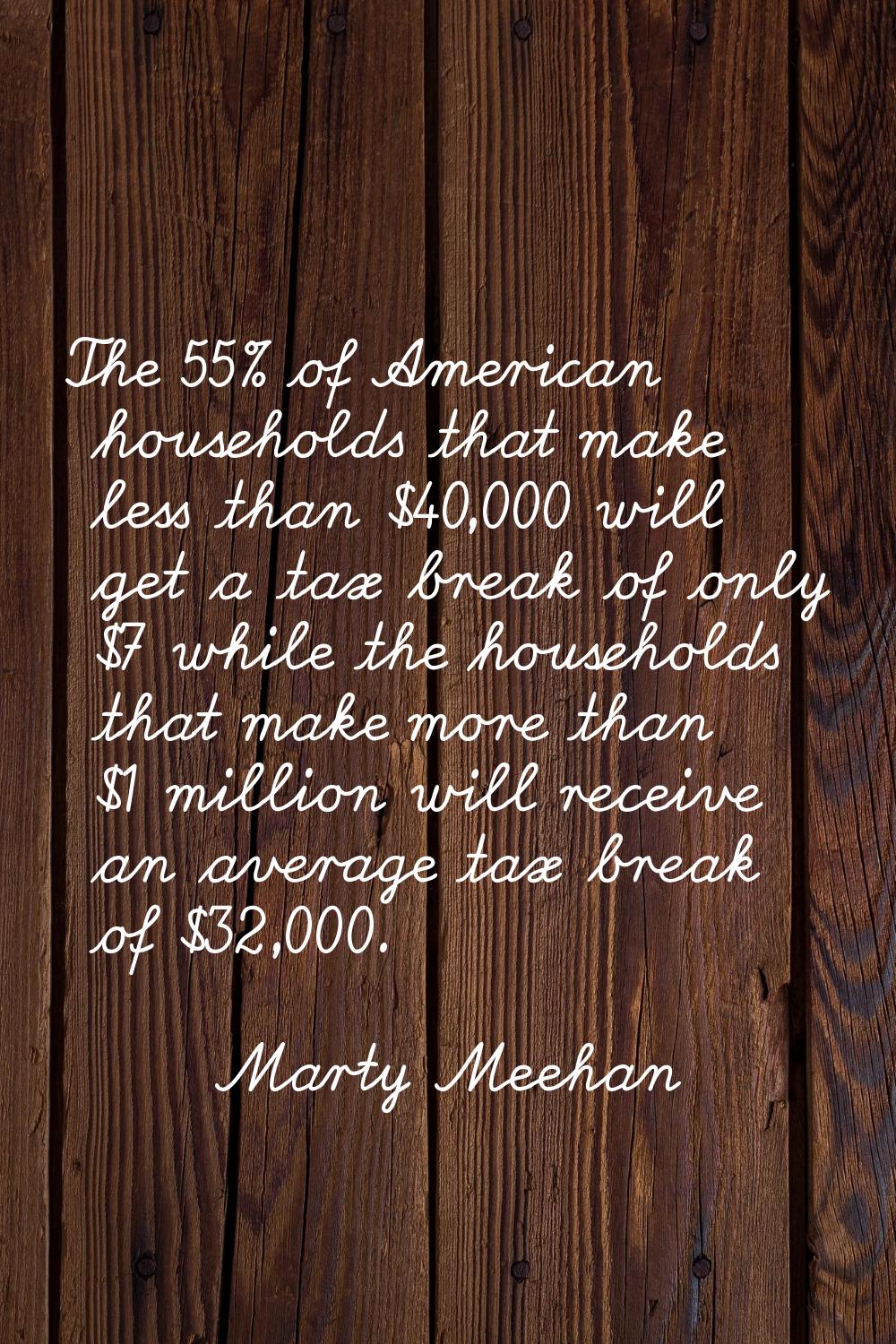 The 55% of American households that make less than $40,000 will get a tax break of only $7 while th