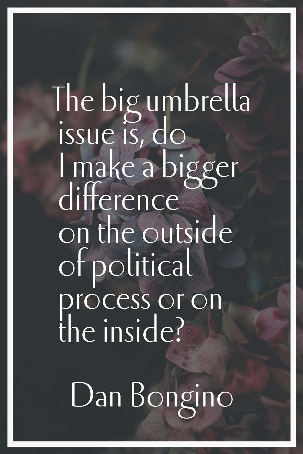 The big umbrella issue is, do I make a bigger difference on the outside of political process or on 