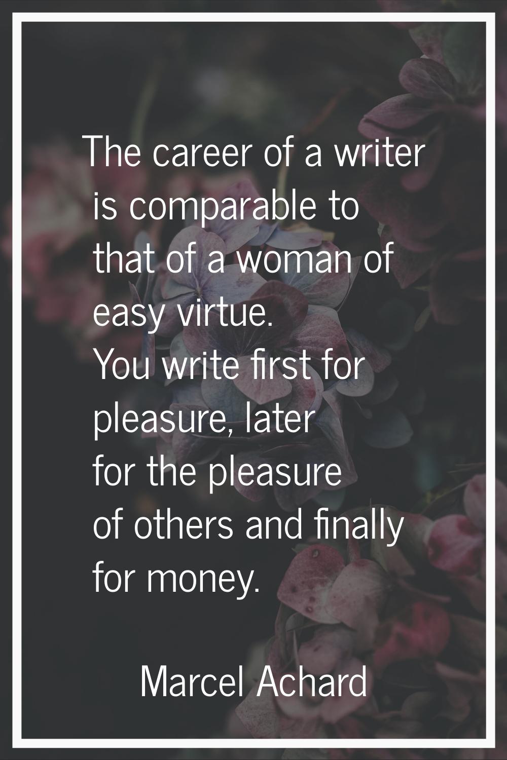 The career of a writer is comparable to that of a woman of easy virtue. You write first for pleasur