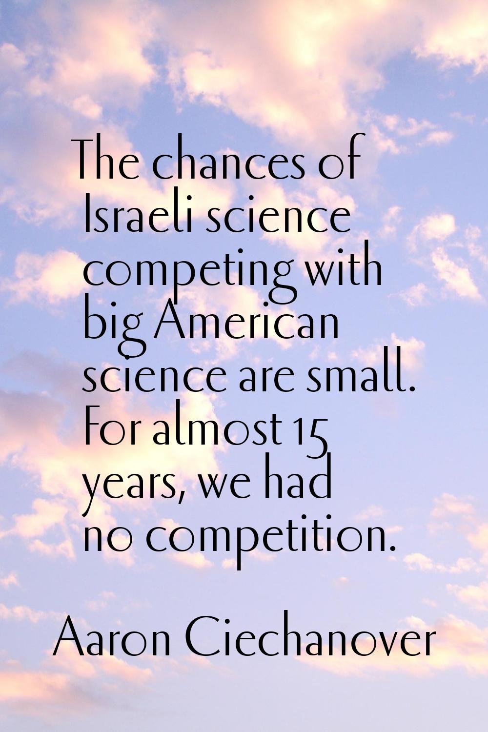 The chances of Israeli science competing with big American science are small. For almost 15 years, 