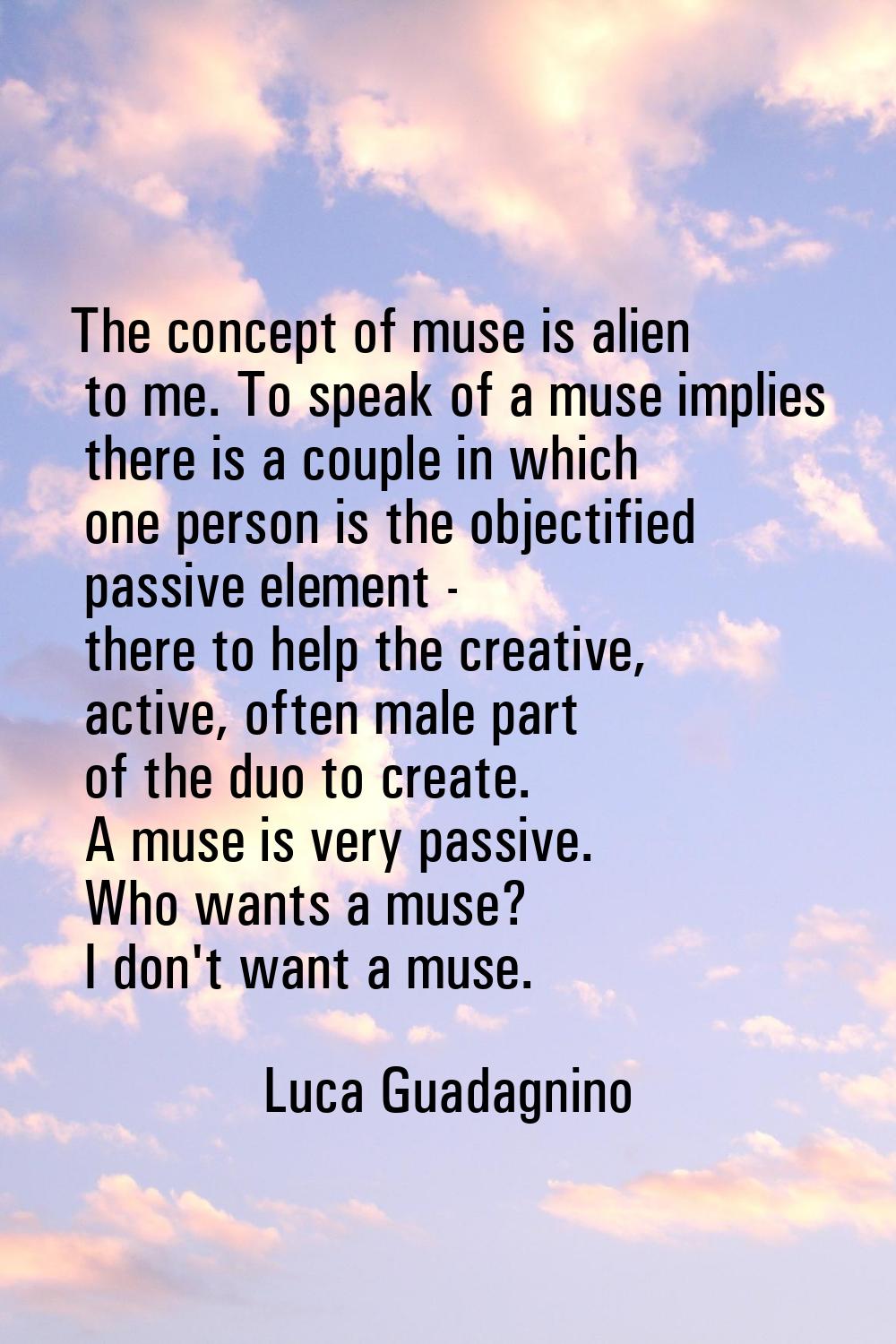 The concept of muse is alien to me. To speak of a muse implies there is a couple in which one perso