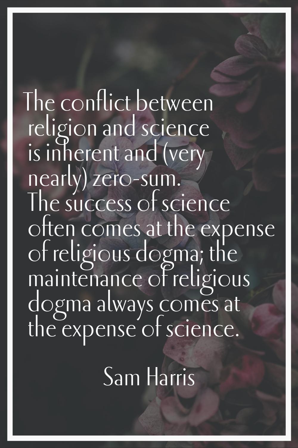 The conflict between religion and science is inherent and (very nearly) zero-sum. The success of sc