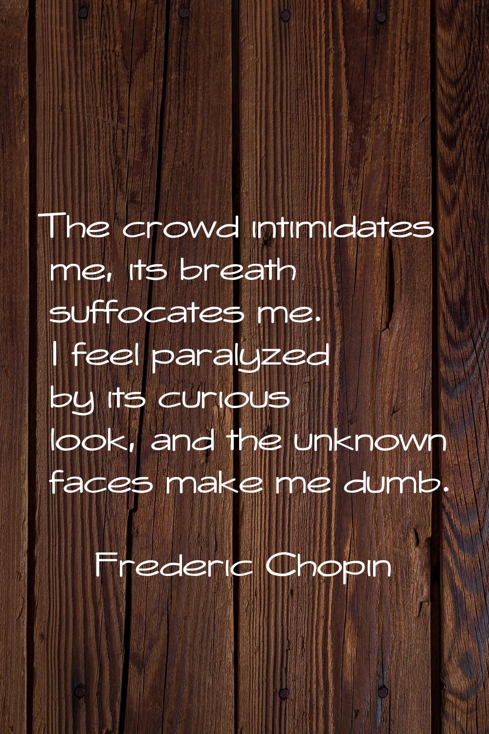 The crowd intimidates me, its breath suffocates me. I feel paralyzed by its curious look, and the u