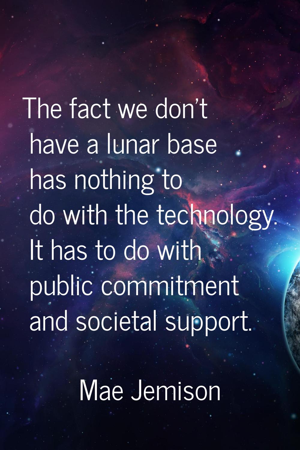 The fact we don't have a lunar base has nothing to do with the technology. It has to do with public