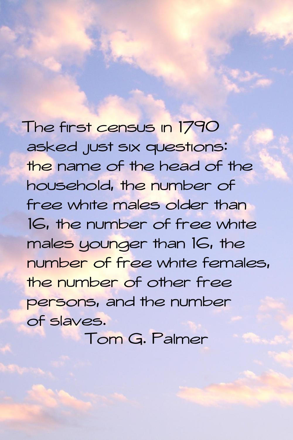 The first census in 1790 asked just six questions: the name of the head of the household, the numbe