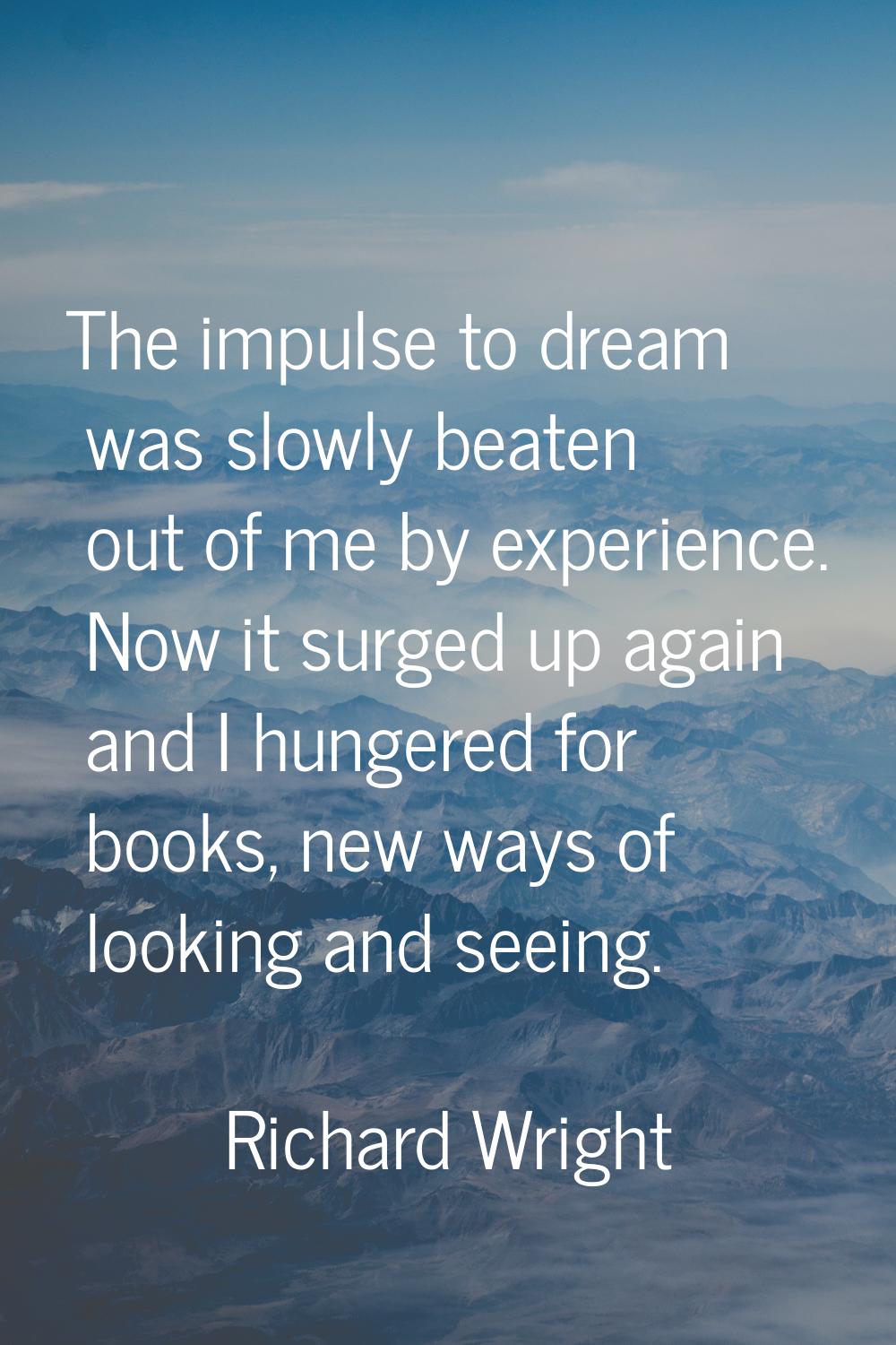 The impulse to dream was slowly beaten out of me by experience. Now it surged up again and I hunger