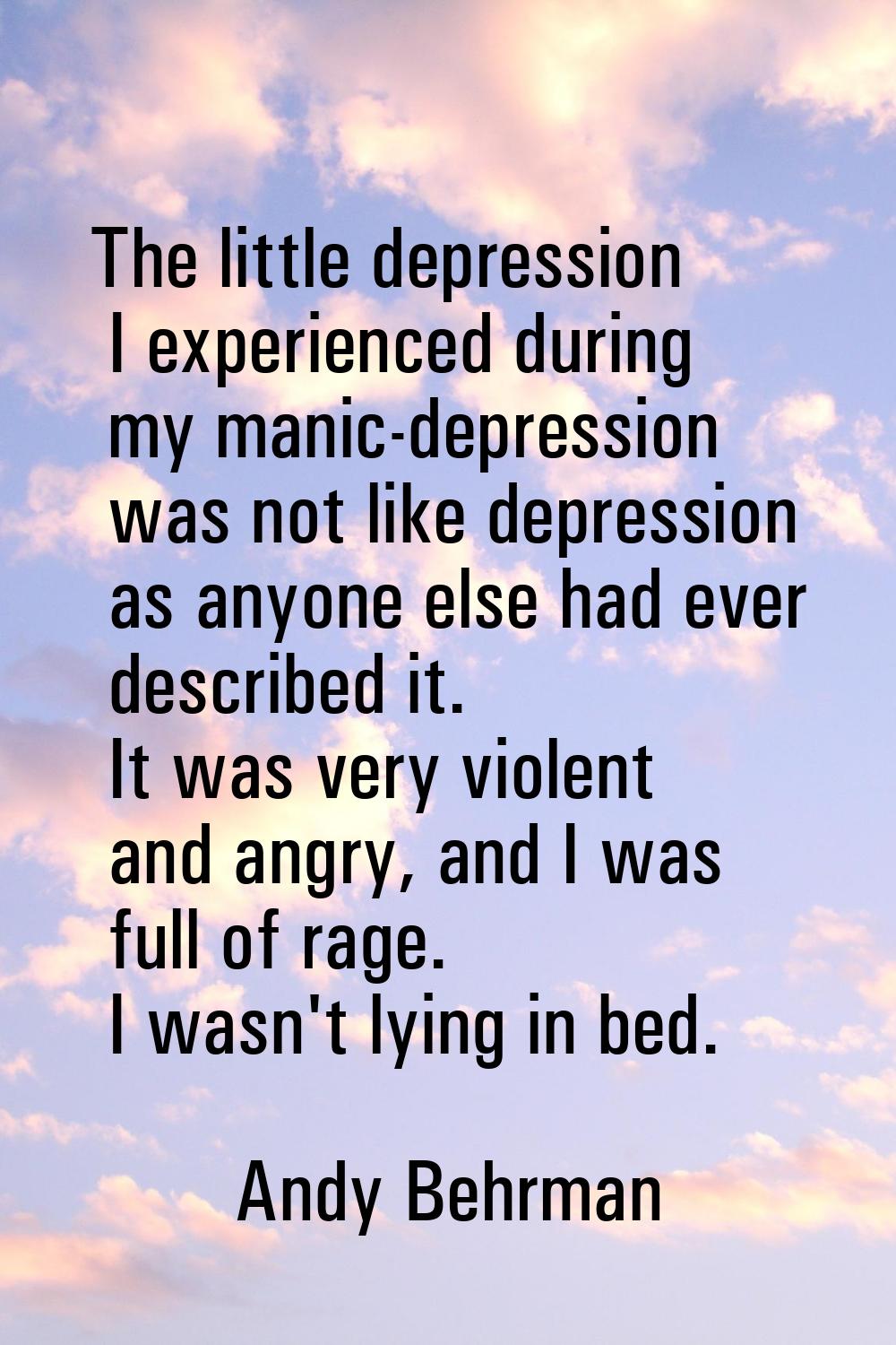The little depression I experienced during my manic-depression was not like depression as anyone el