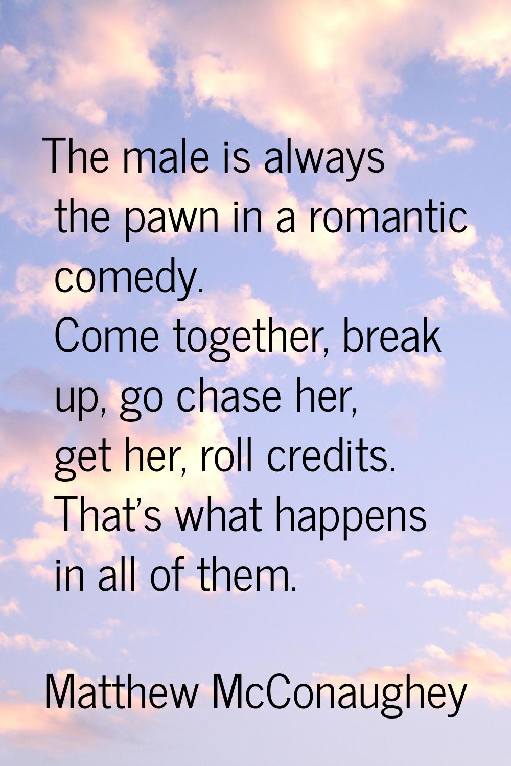 The male is always the pawn in a romantic comedy. Come together, break up, go chase her, get her, r