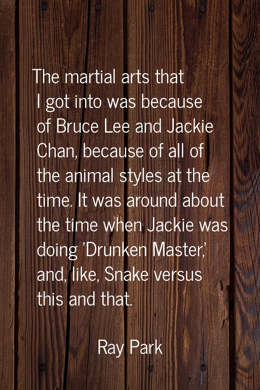 The martial arts that I got into was because of Bruce Lee and Jackie Chan, because of all of the an
