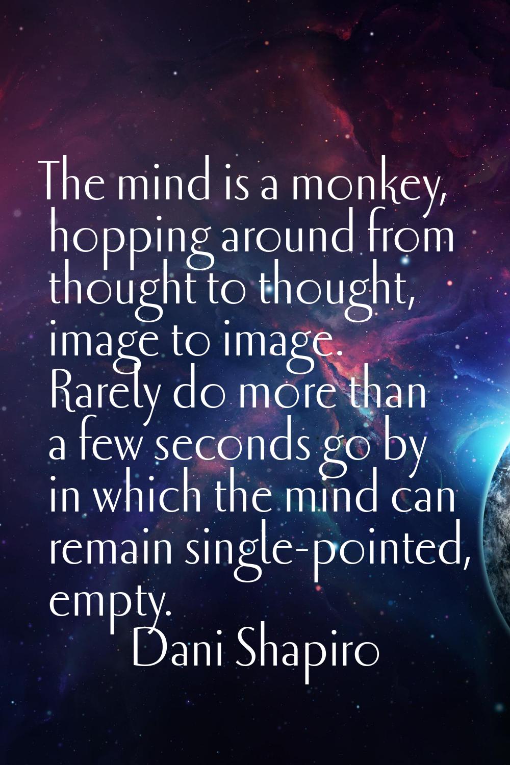 The mind is a monkey, hopping around from thought to thought, image to image. Rarely do more than a