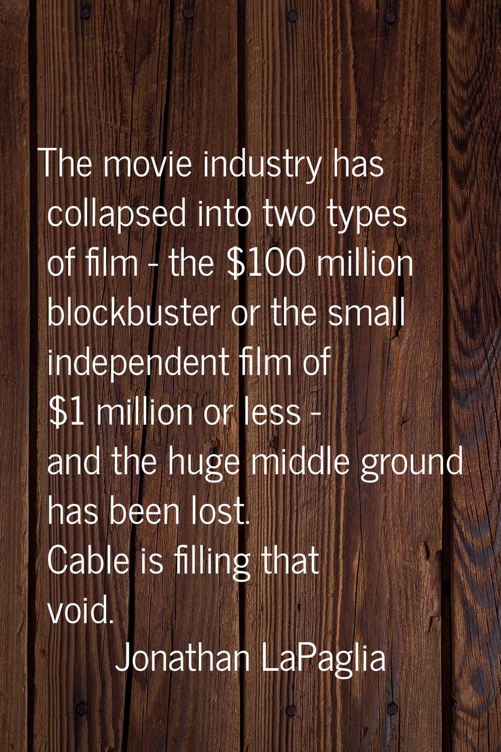The movie industry has collapsed into two types of film - the $100 million blockbuster or the small