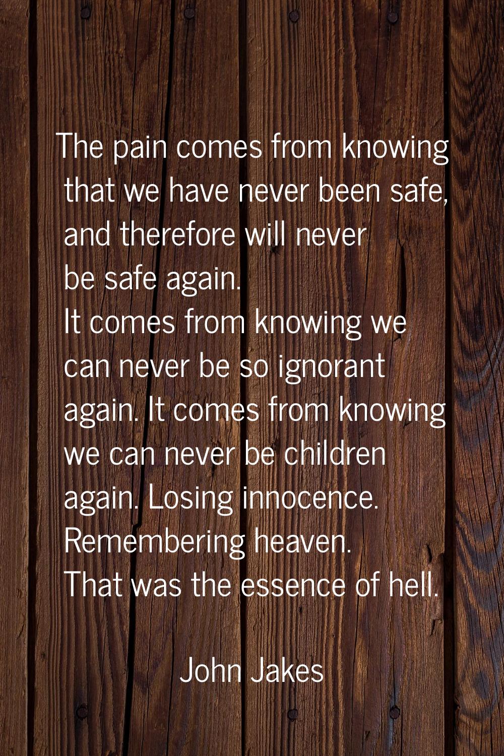 The pain comes from knowing that we have never been safe, and therefore will never be safe again. I