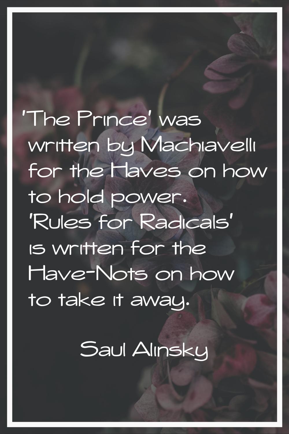 'The Prince' was written by Machiavelli for the Haves on how to hold power. 'Rules for Radicals' is