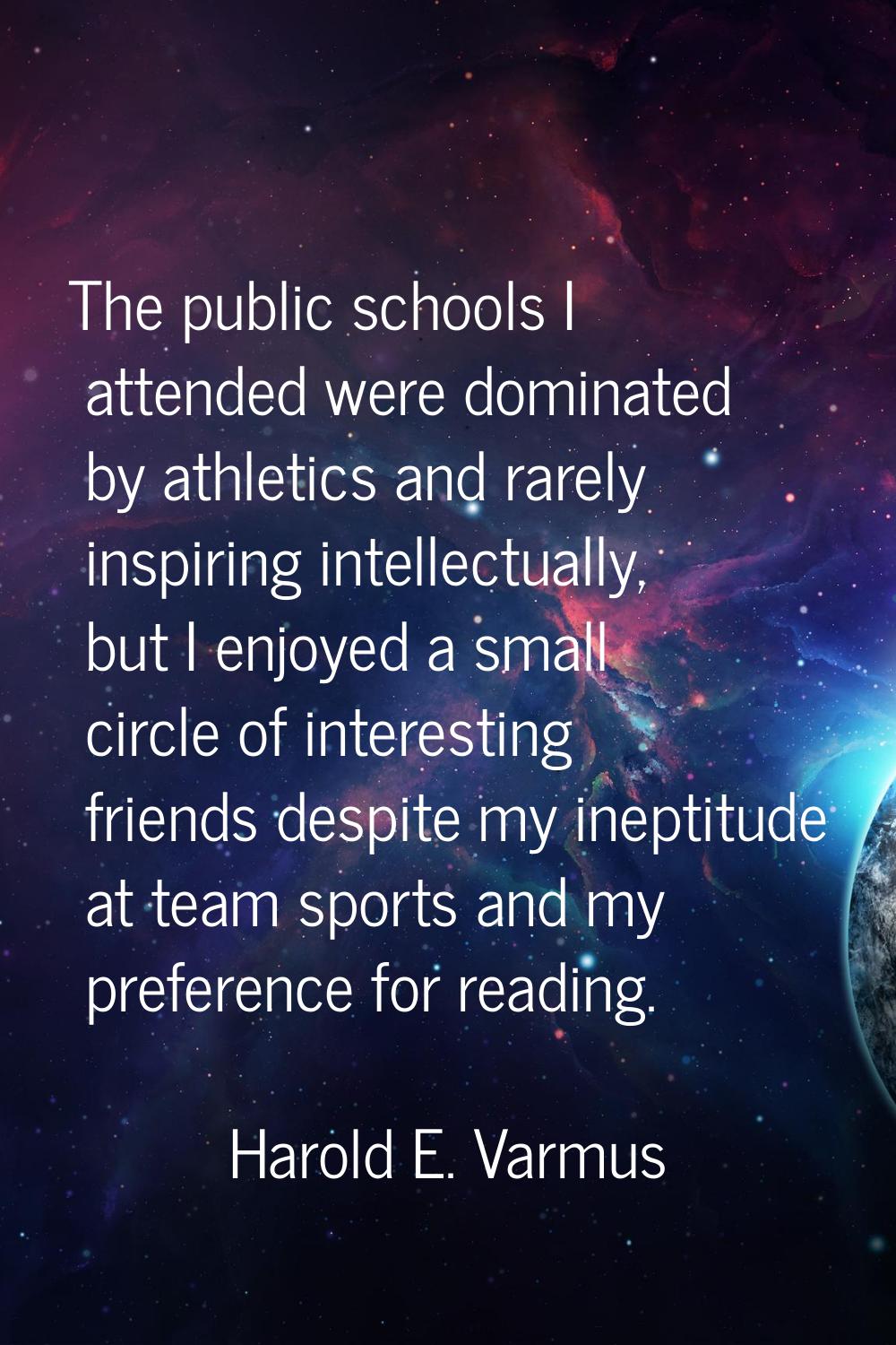 The public schools I attended were dominated by athletics and rarely inspiring intellectually, but 