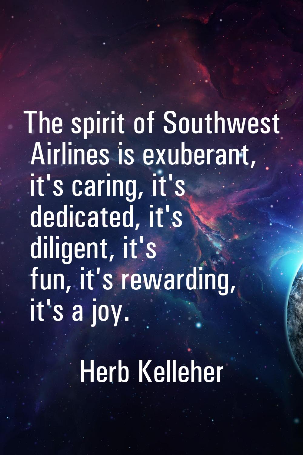 The spirit of Southwest Airlines is exuberant, it's caring, it's dedicated, it's diligent, it's fun
