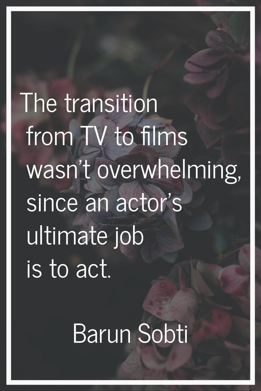 The transition from TV to films wasn't overwhelming, since an actor's ultimate job is to act.