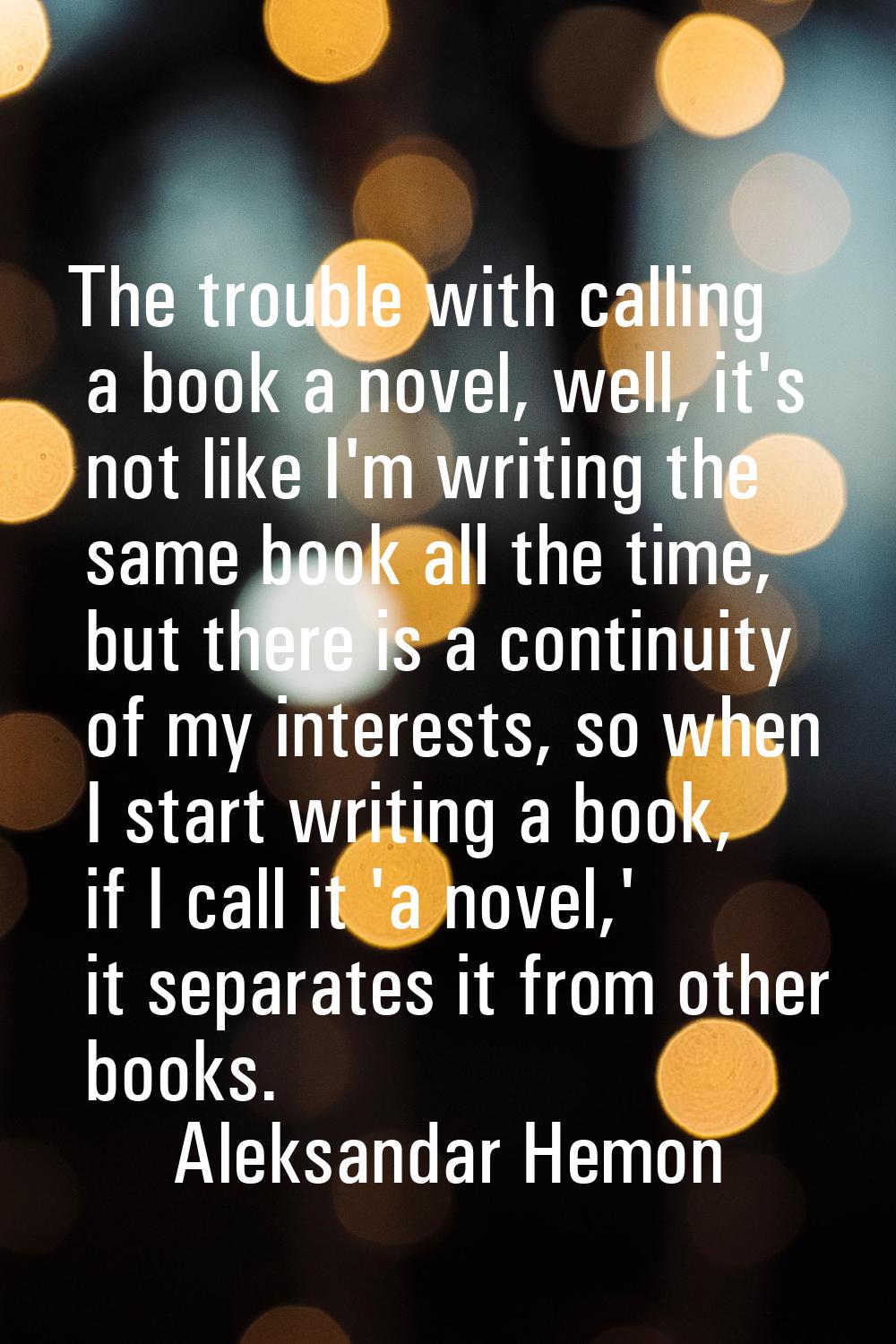The trouble with calling a book a novel, well, it's not like I'm writing the same book all the time