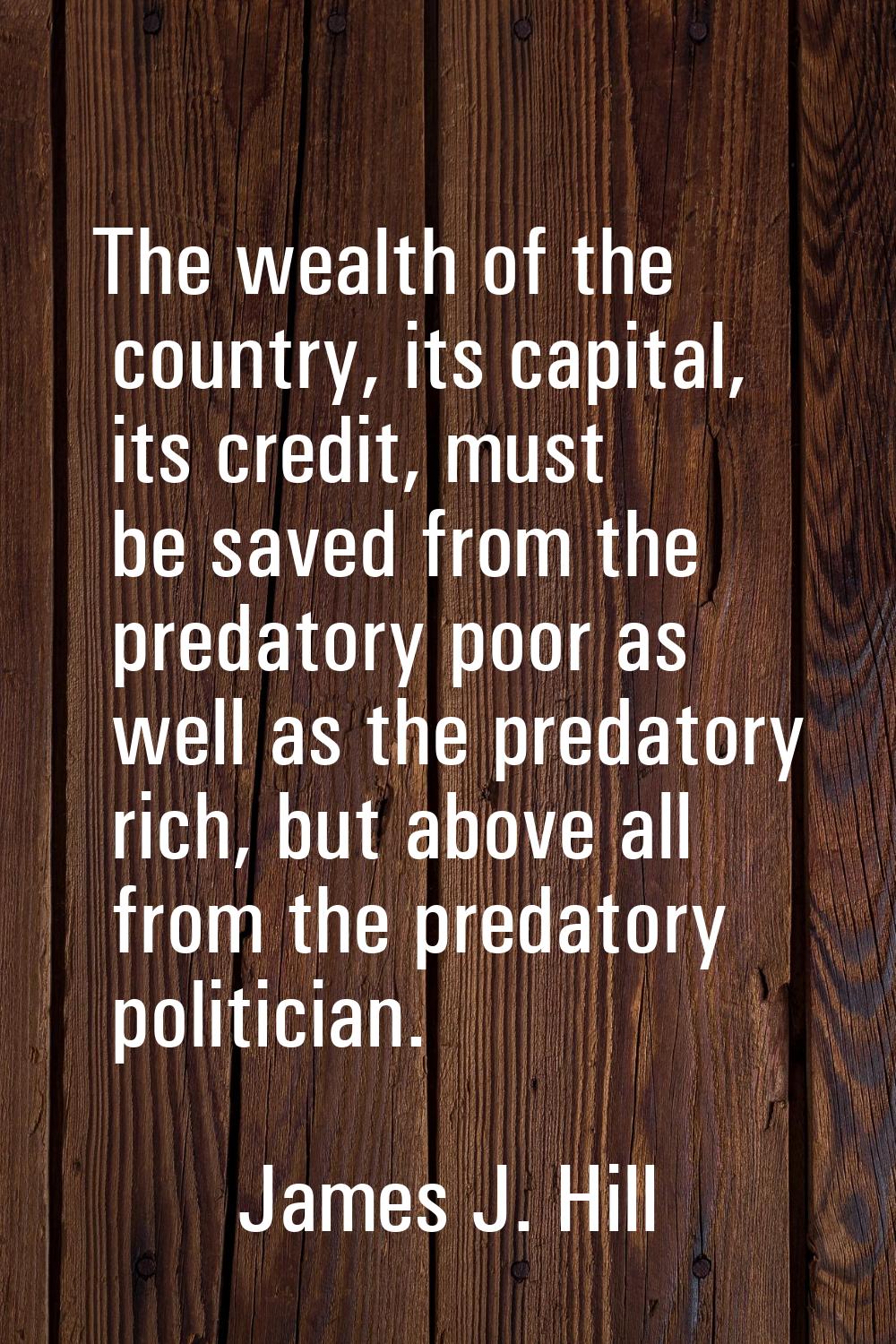 The wealth of the country, its capital, its credit, must be saved from the predatory poor as well a