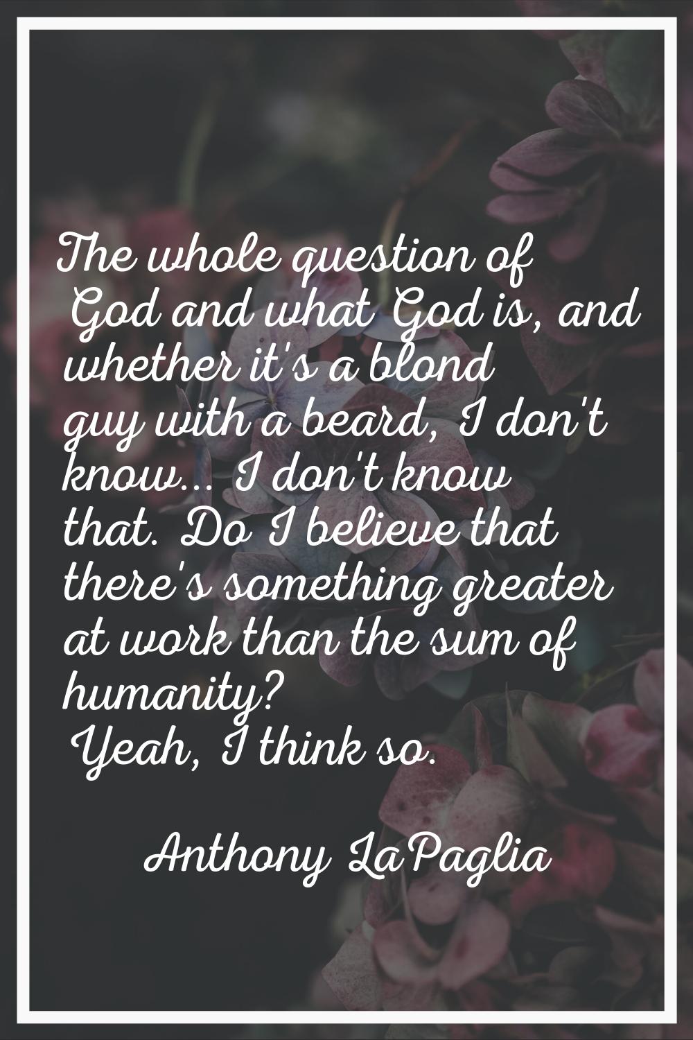 The whole question of God and what God is, and whether it's a blond guy with a beard, I don't know.