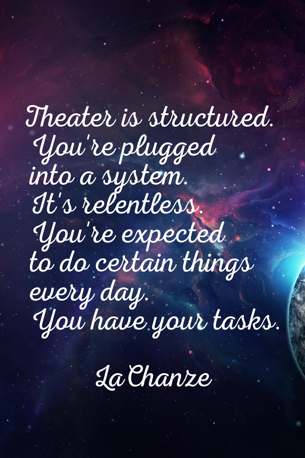 Theater is structured. You're plugged into a system. It's relentless. You're expected to do certain