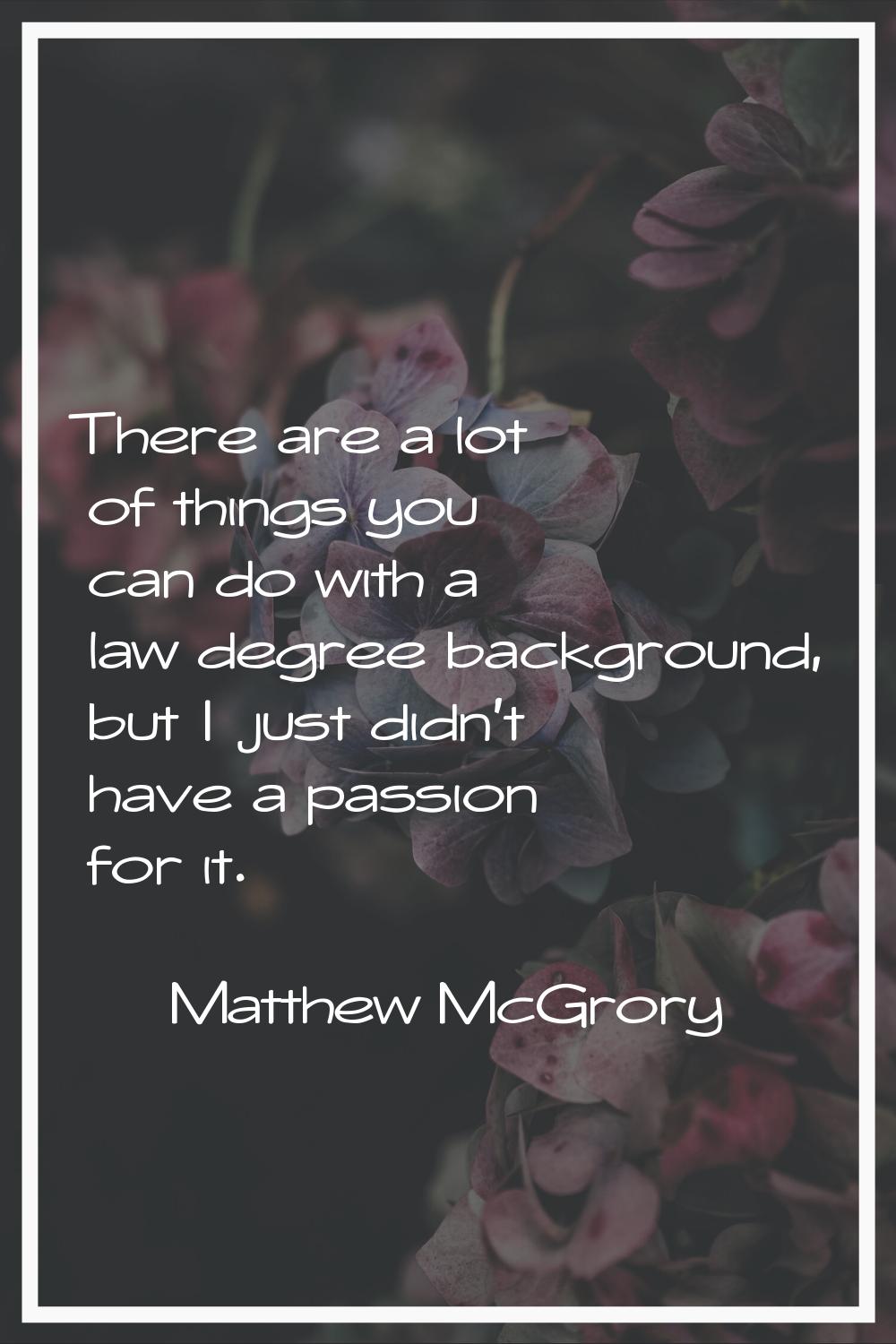 There are a lot of things you can do with a law degree background, but I just didn't have a passion