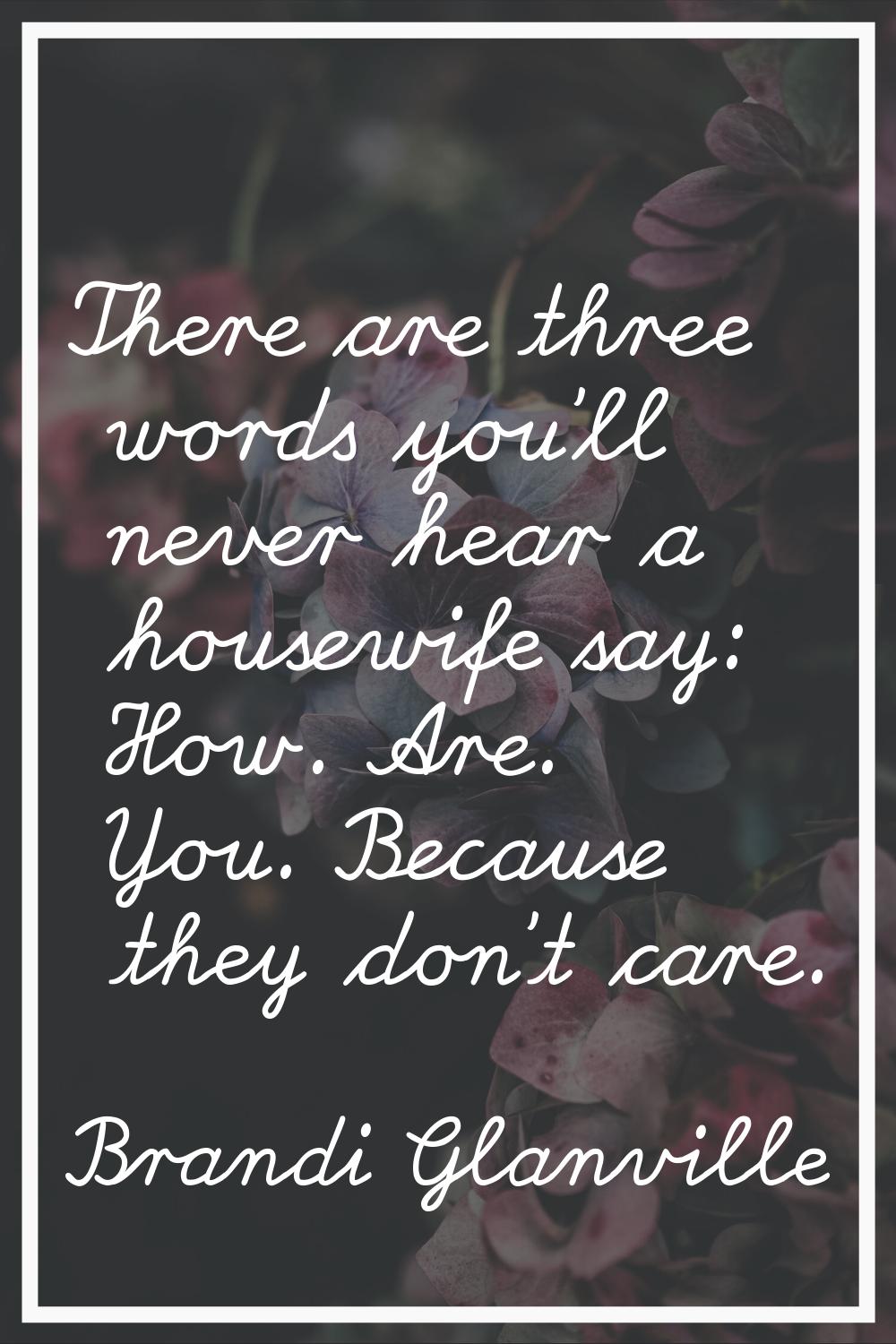 There are three words you'll never hear a housewife say: How. Are. You. Because they don't care.
