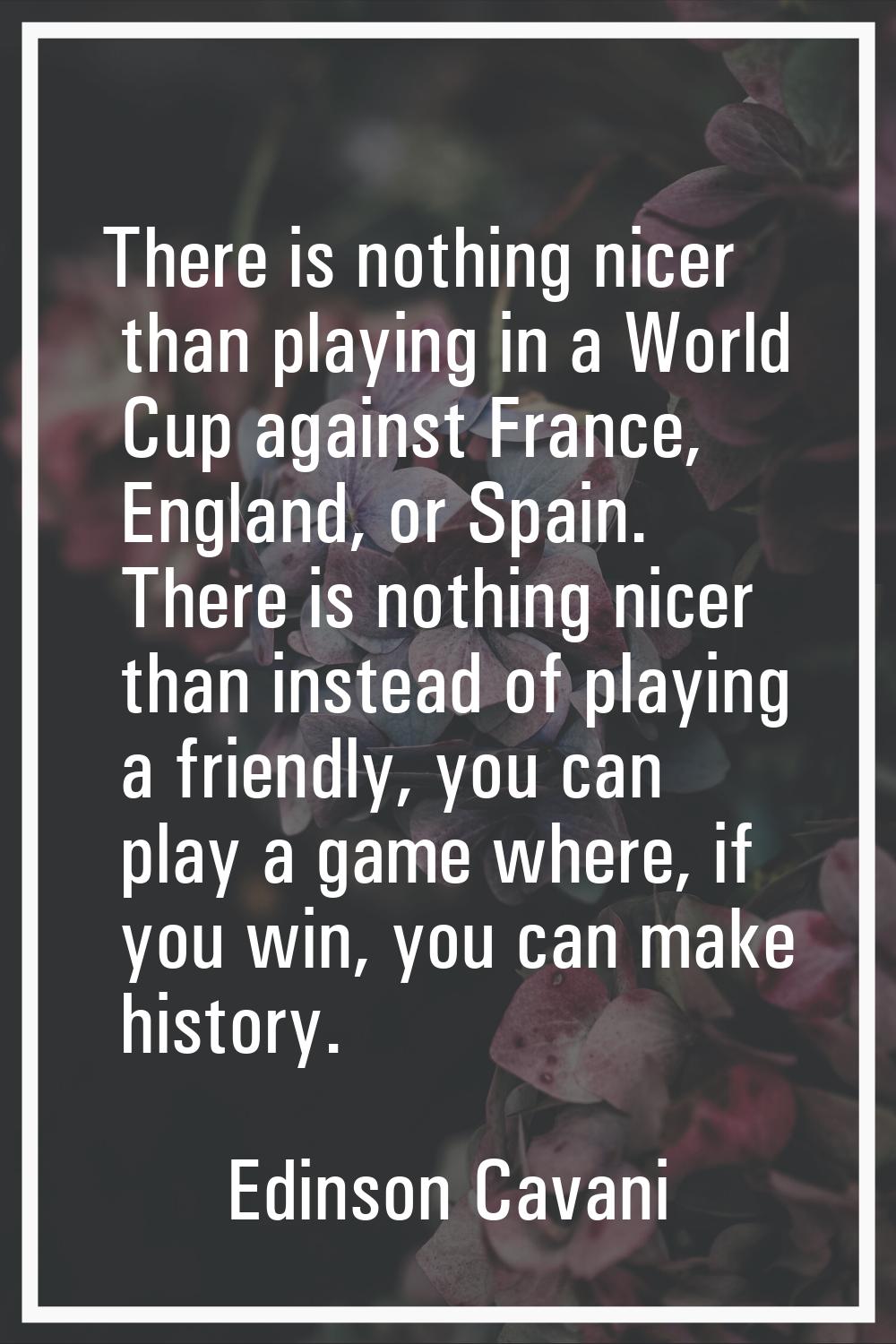 There is nothing nicer than playing in a World Cup against France, England, or Spain. There is noth