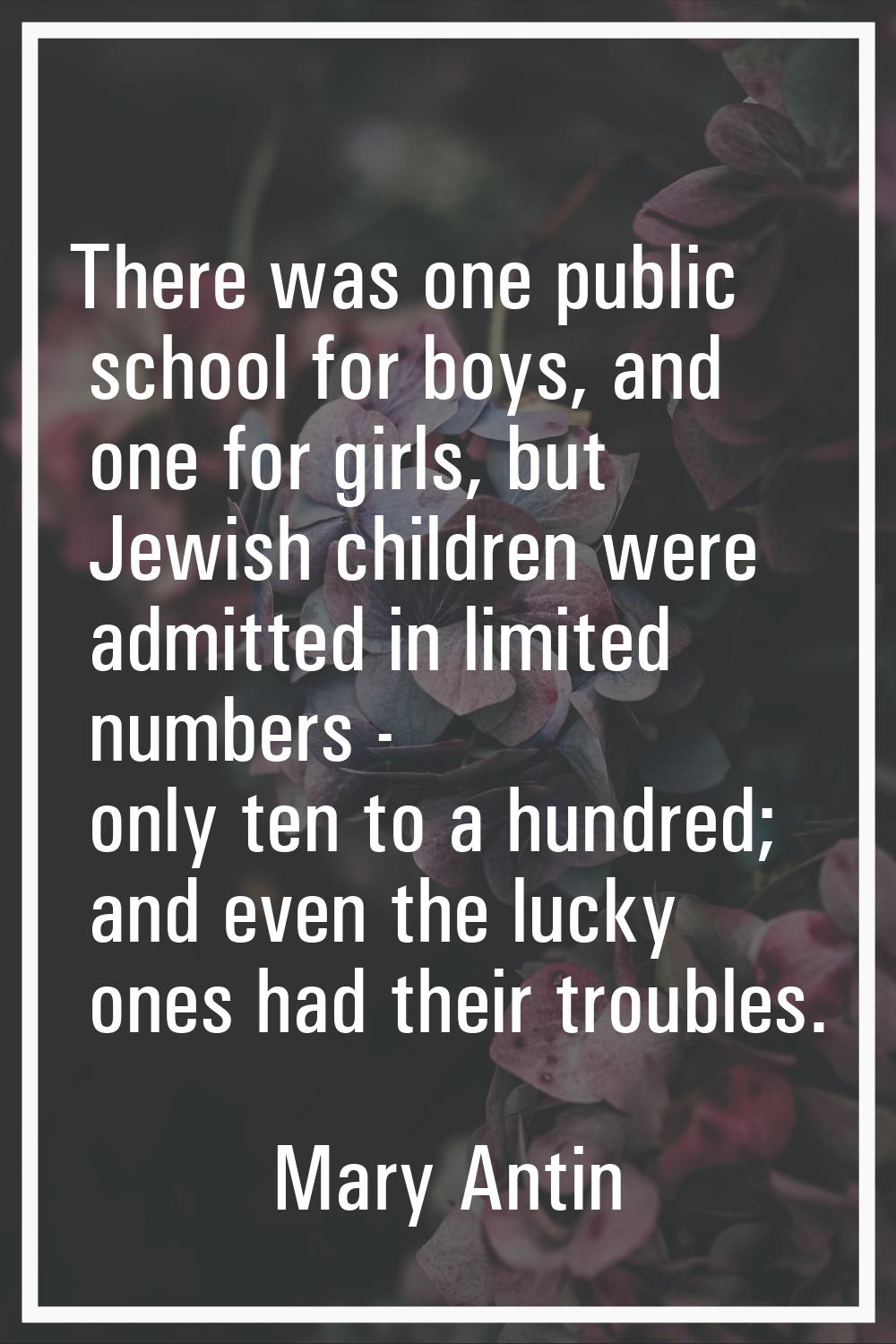 There was one public school for boys, and one for girls, but Jewish children were admitted in limit