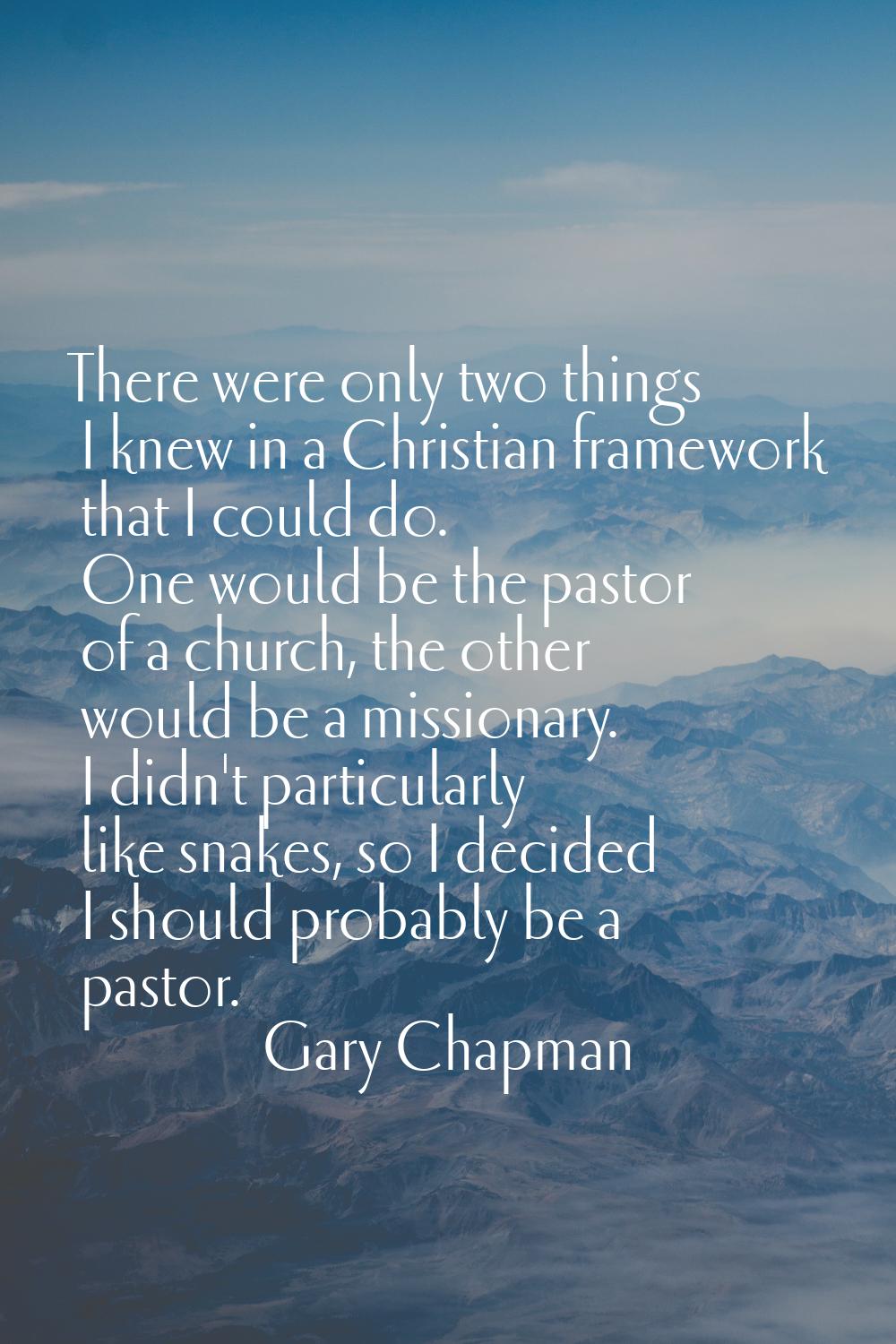 There were only two things I knew in a Christian framework that I could do. One would be the pastor