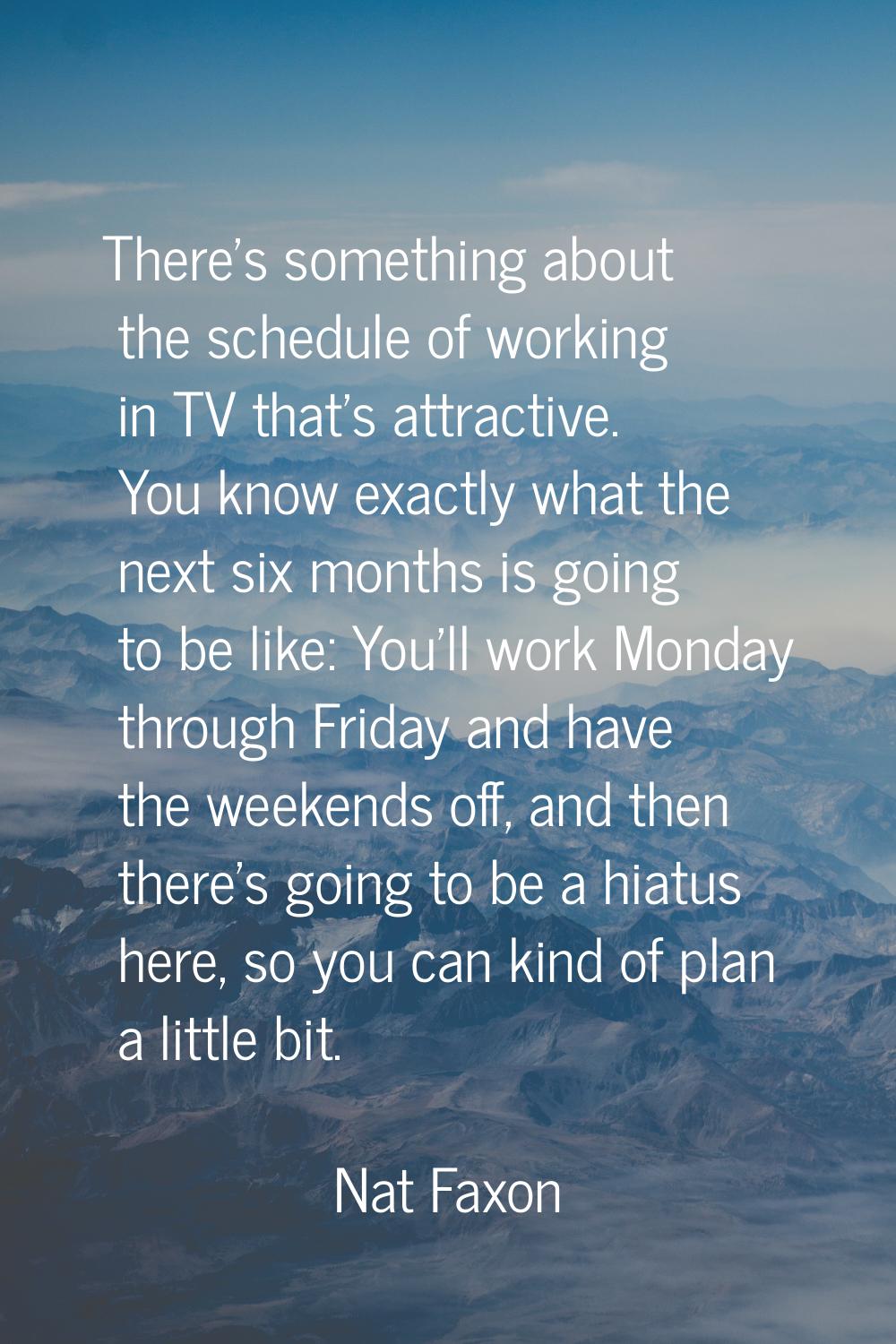 There's something about the schedule of working in TV that's attractive. You know exactly what the 