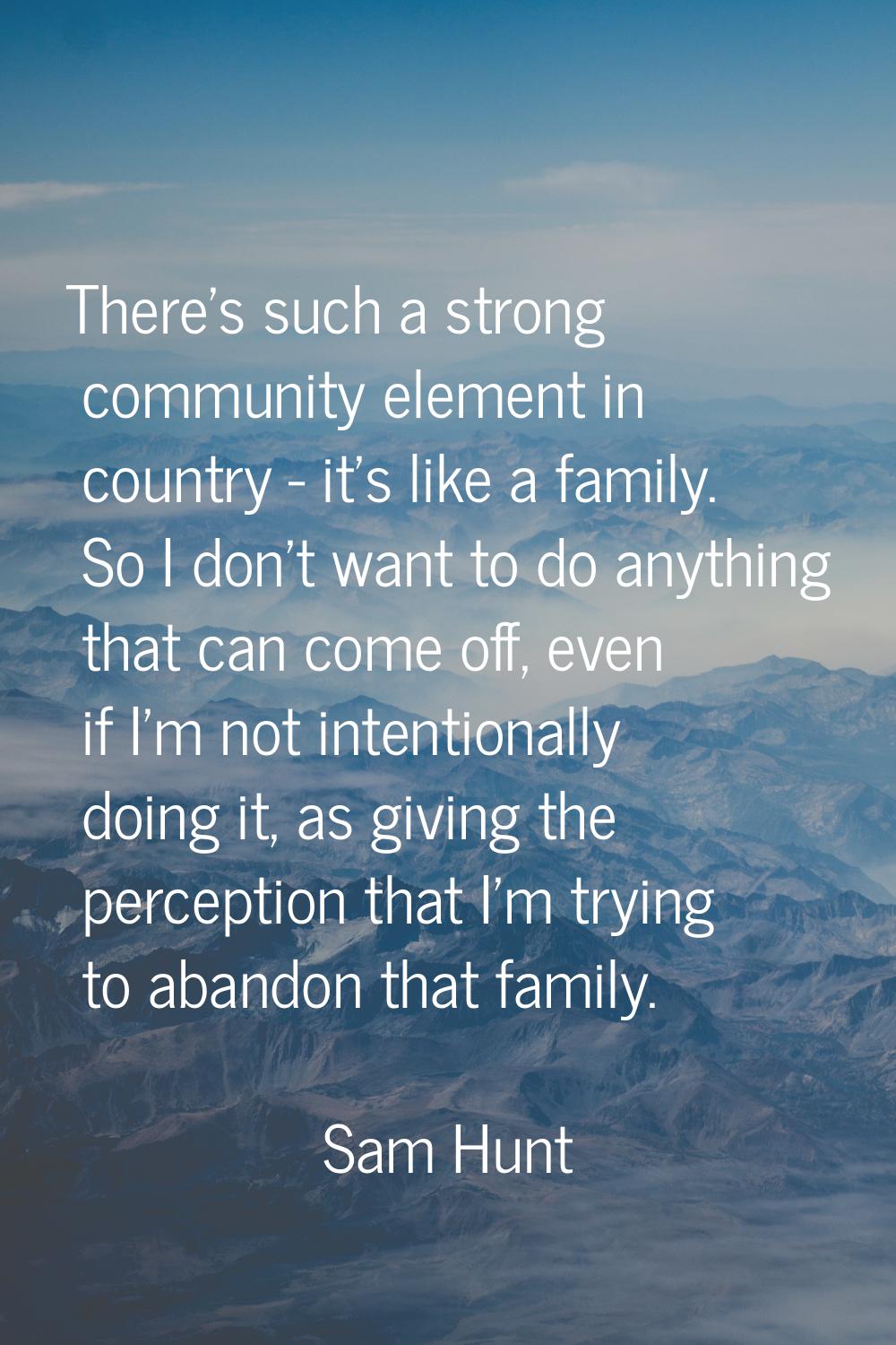There's such a strong community element in country - it's like a family. So I don't want to do anyt