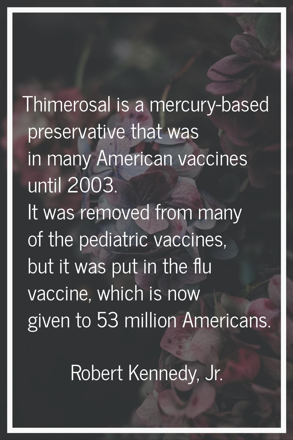 Thimerosal is a mercury-based preservative that was in many American vaccines until 2003. It was re