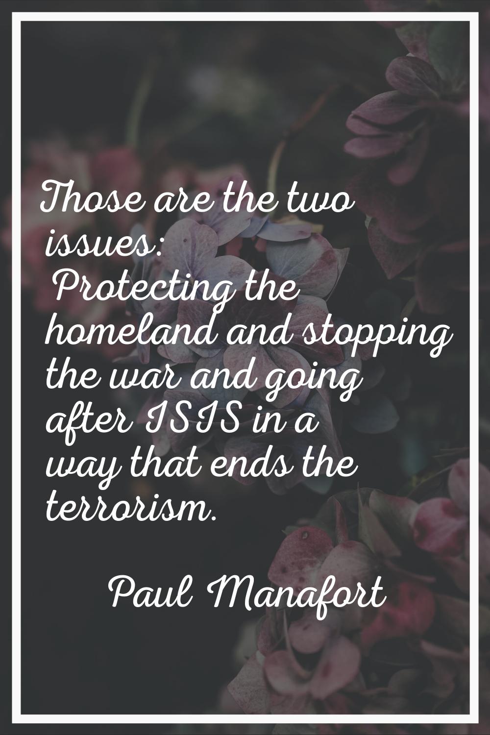 Those are the two issues: Protecting the homeland and stopping the war and going after ISIS in a wa
