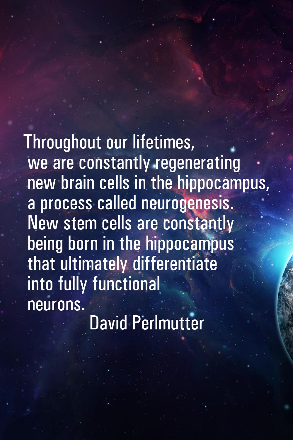Throughout our lifetimes, we are constantly regenerating new brain cells in the hippocampus, a proc