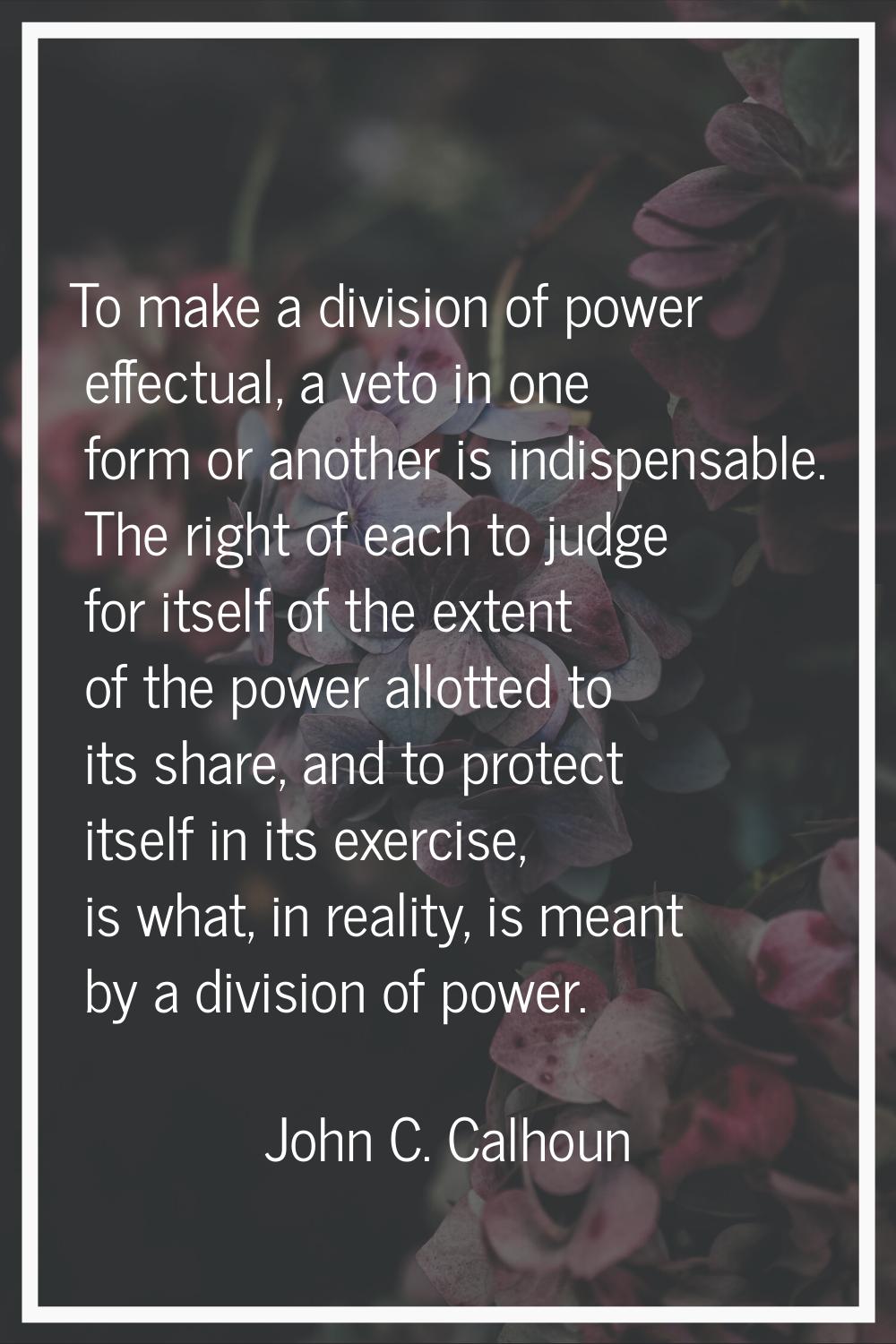 To make a division of power effectual, a veto in one form or another is indispensable. The right of