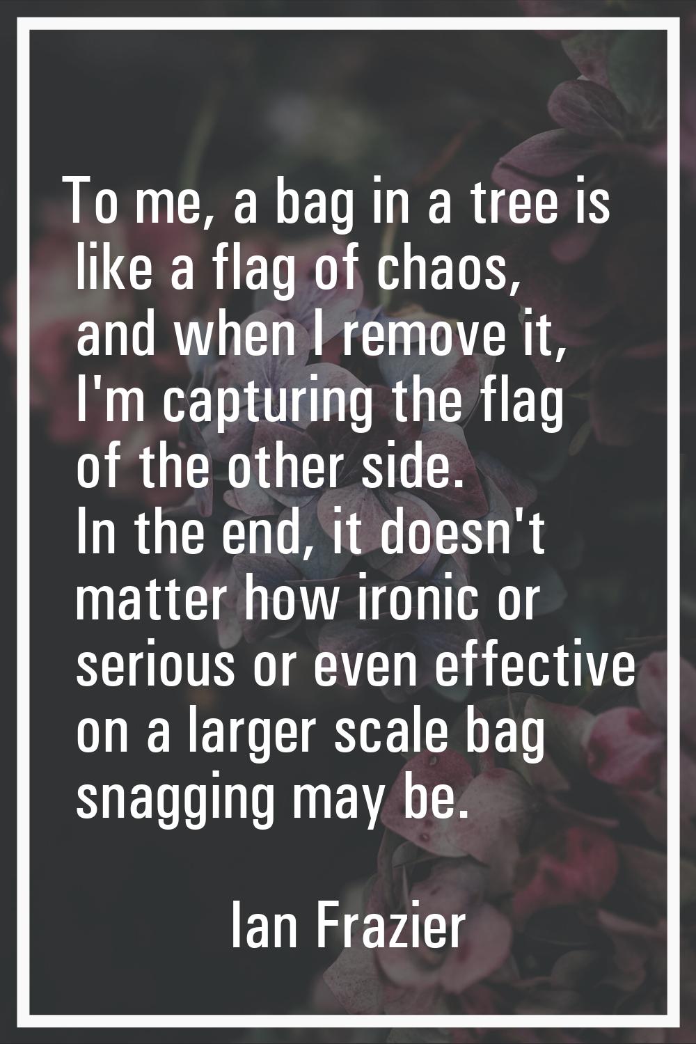 To me, a bag in a tree is like a flag of chaos, and when I remove it, I'm capturing the flag of the