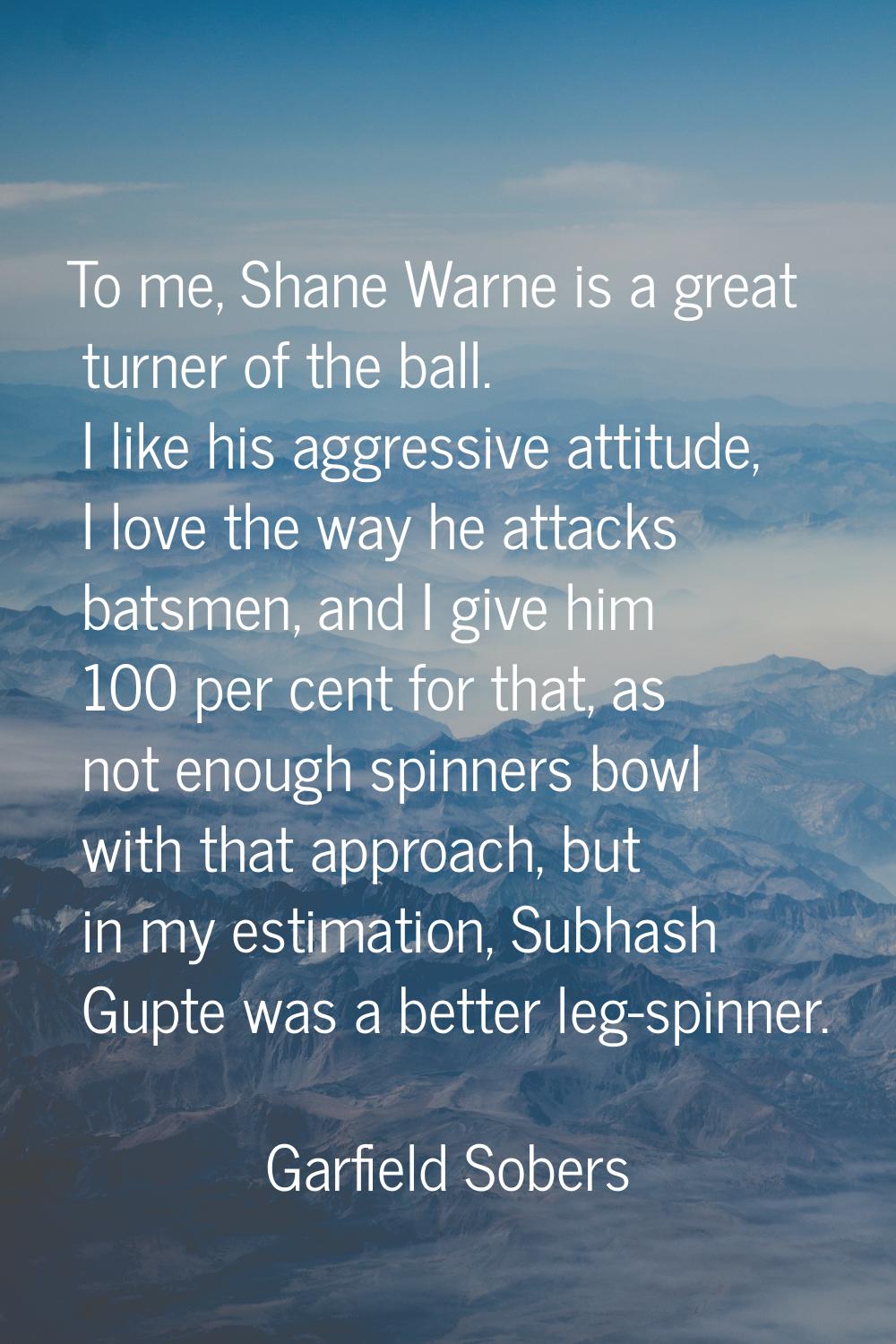 To me, Shane Warne is a great turner of the ball. I like his aggressive attitude, I love the way he