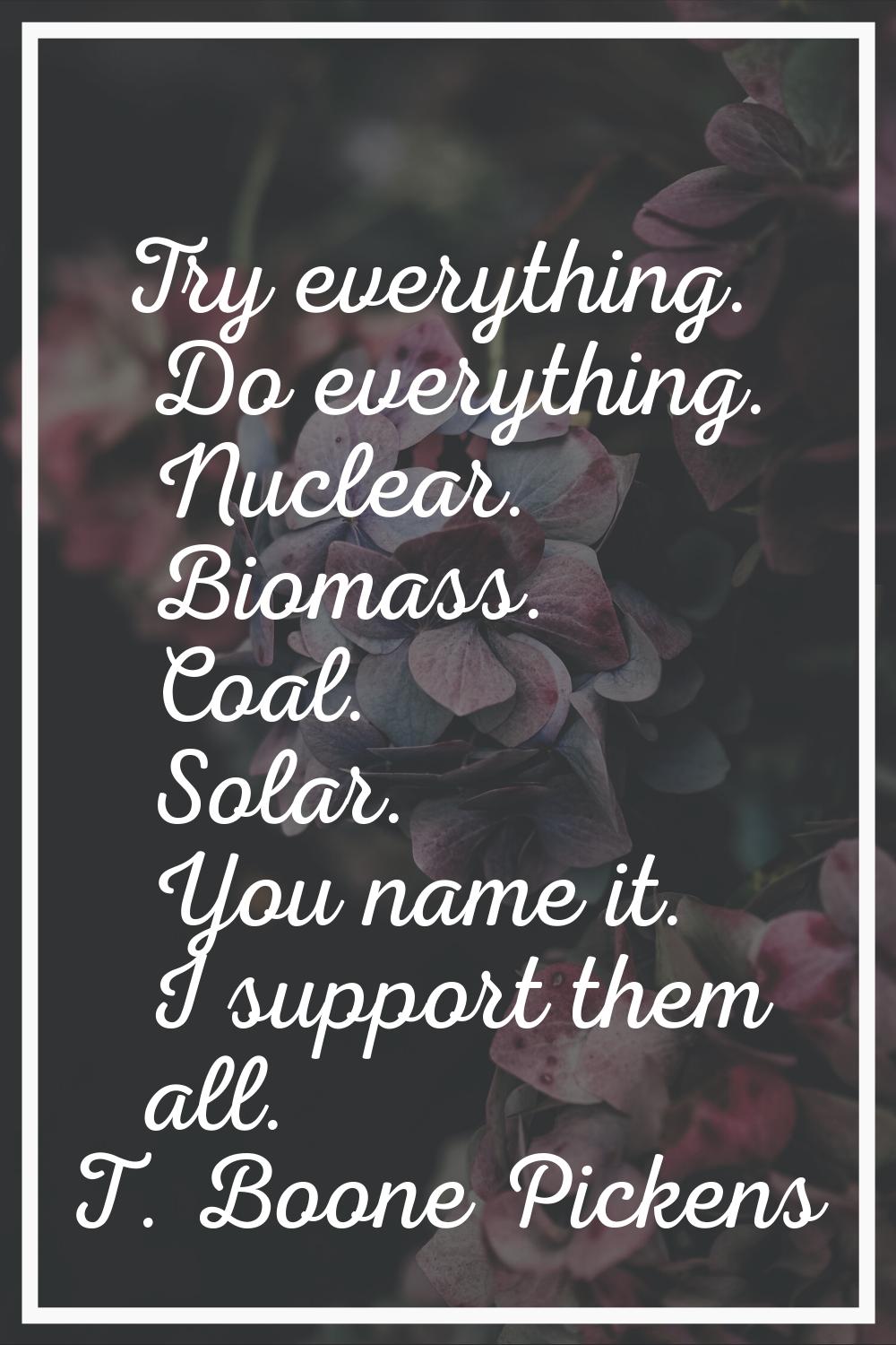 Try everything. Do everything. Nuclear. Biomass. Coal. Solar. You name it. I support them all.
