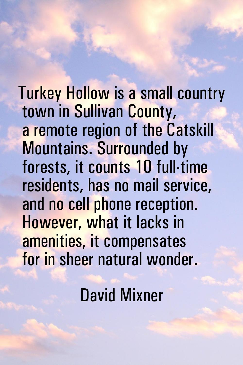 Turkey Hollow is a small country town in Sullivan County, a remote region of the Catskill Mountains